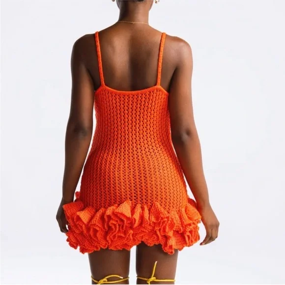 Hanifa Mini Iggy Vibrant Orange Crochet Dress Medium - Picture 2 of 14
